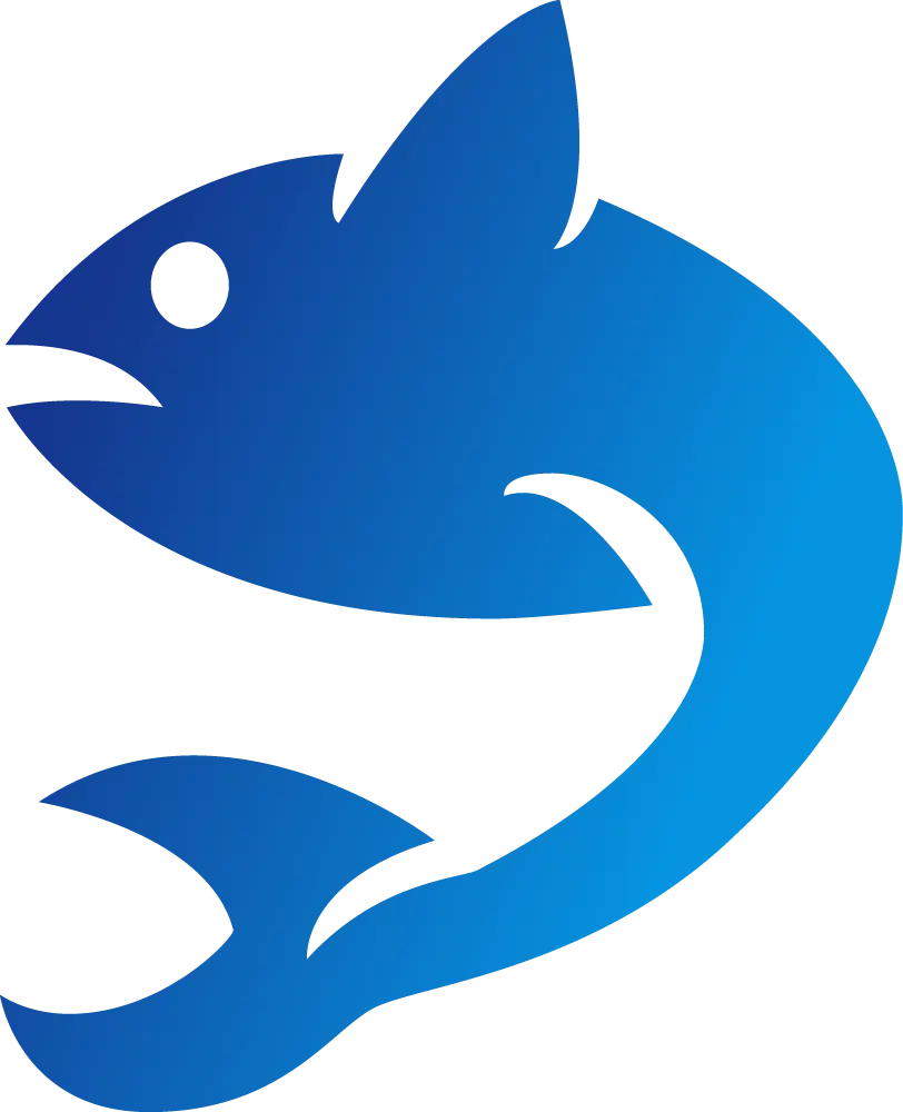 Blue fish logo with a prominent fish